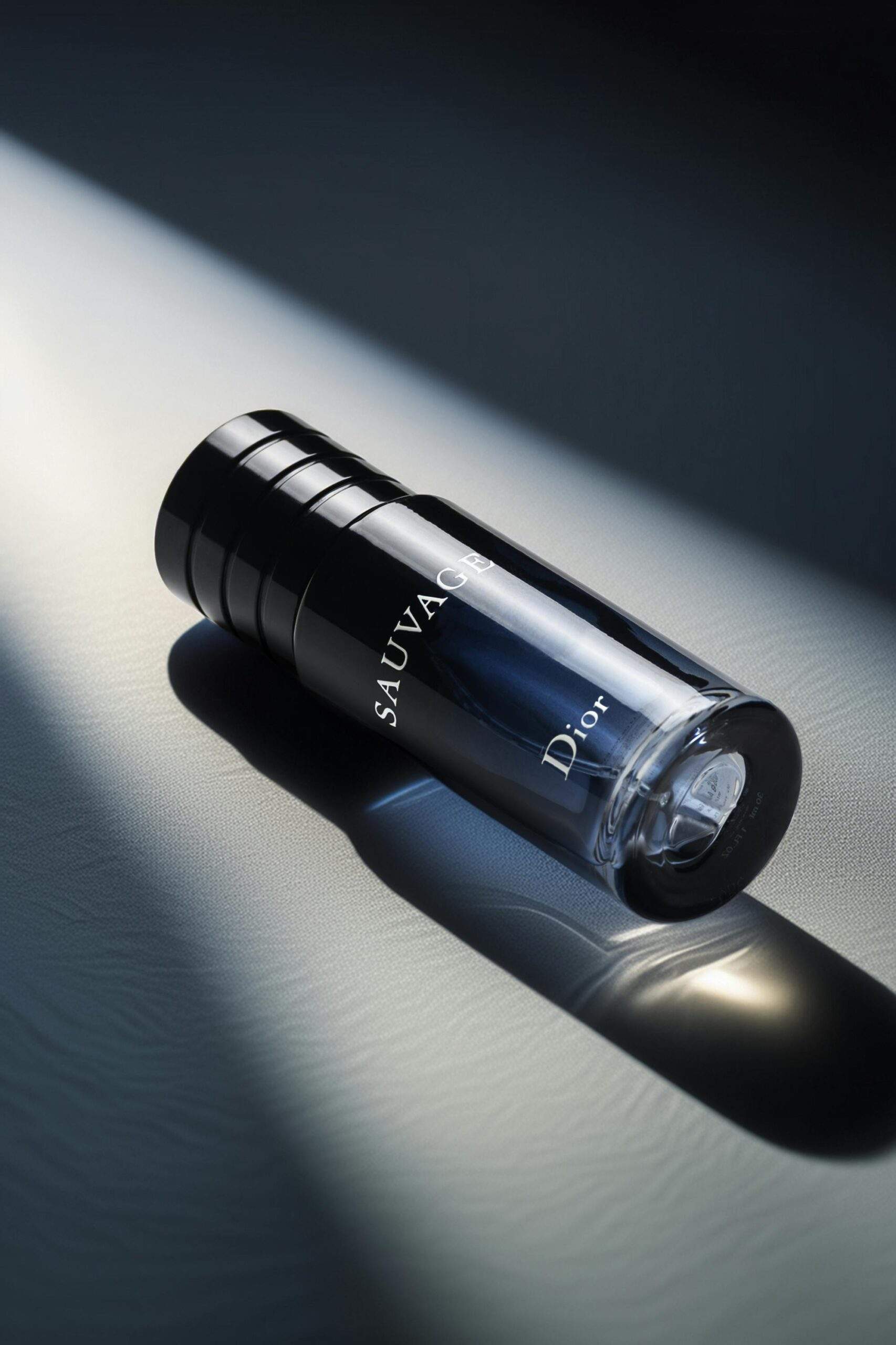 A stylish Dior Sauvage perfume bottle highlighted by dramatic lighting on a textured surface.